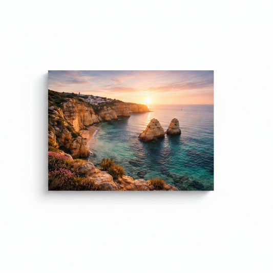 Algarve Praia da Marinha golden cliffs turquoise cove twin rock stacks and wildflowers at sunset canvas wall art on white background - Portugal Canvas Co