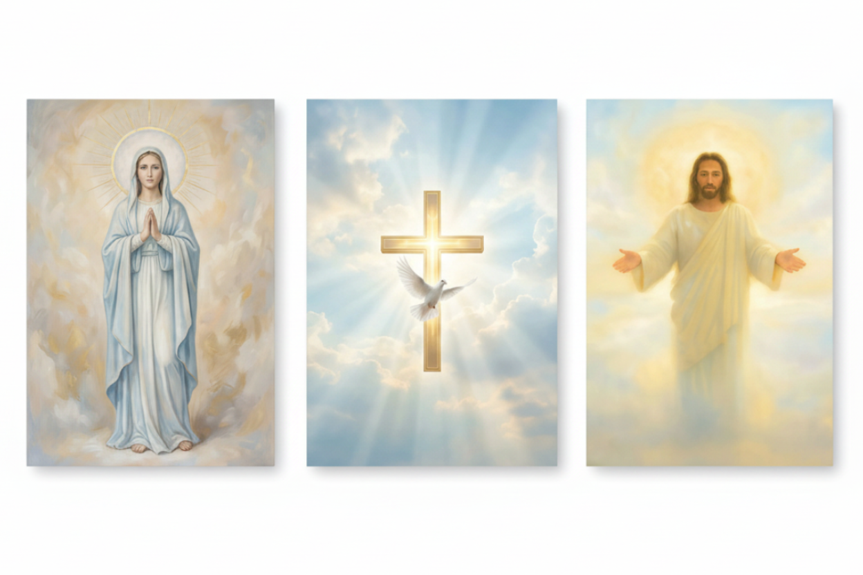 Heavenly religious triptych canvas wall art with Virgin Mary golden cross and Jesus flat lay on white background top-down view - Portugal Canvas Co