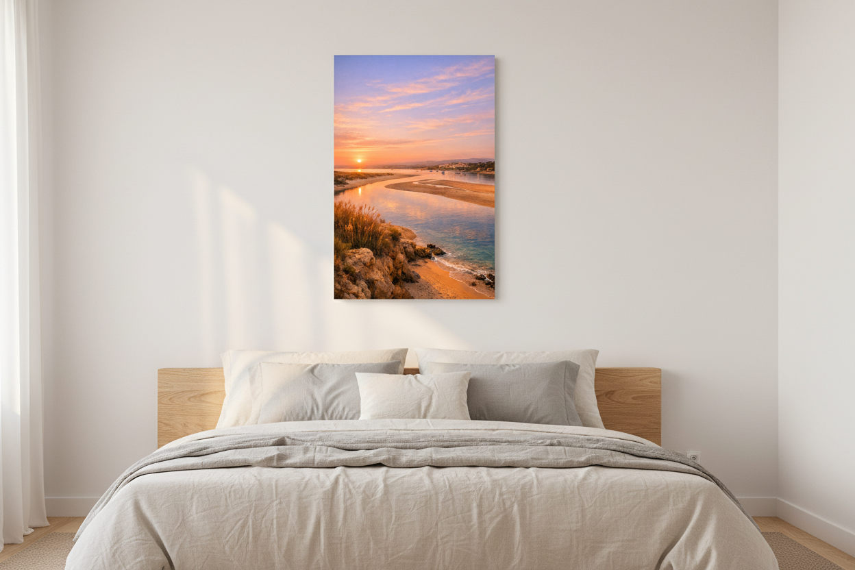 Alvor estuary golden hour sunset Algarve coastal canvas wall art displayed above a bed in a bright minimalist bedroom - Portugal Canvas Co