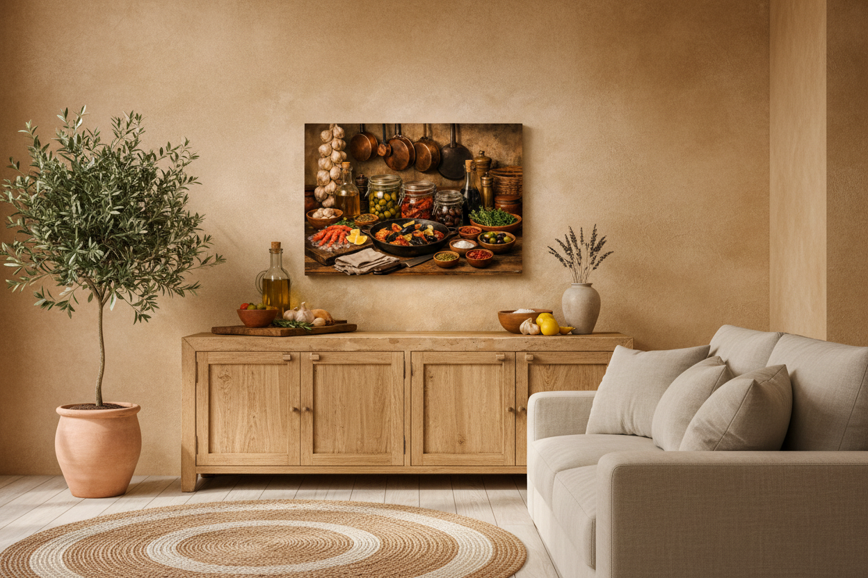 Mediterranean kitchen still life canvas wall art above sideboard in warm elegant living room with terracotta tones, linen sofa and olive tree - Portugal Canvas Co