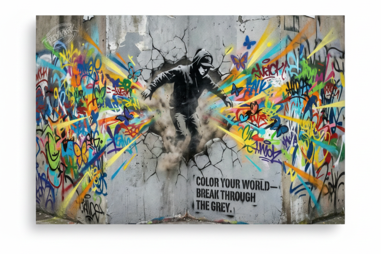 Color Your World Break Through The Grey graffiti street art canvas print with hooded figure and rainbow beams, flat lay on white background - Portugal Canvas Co