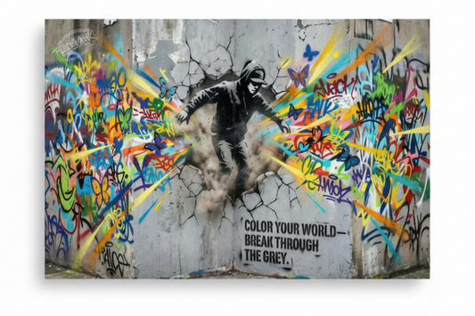 Color Your World Break Through The Grey graffiti street art canvas print with hooded figure and rainbow beams, flat lay on white background - Portugal Canvas Co