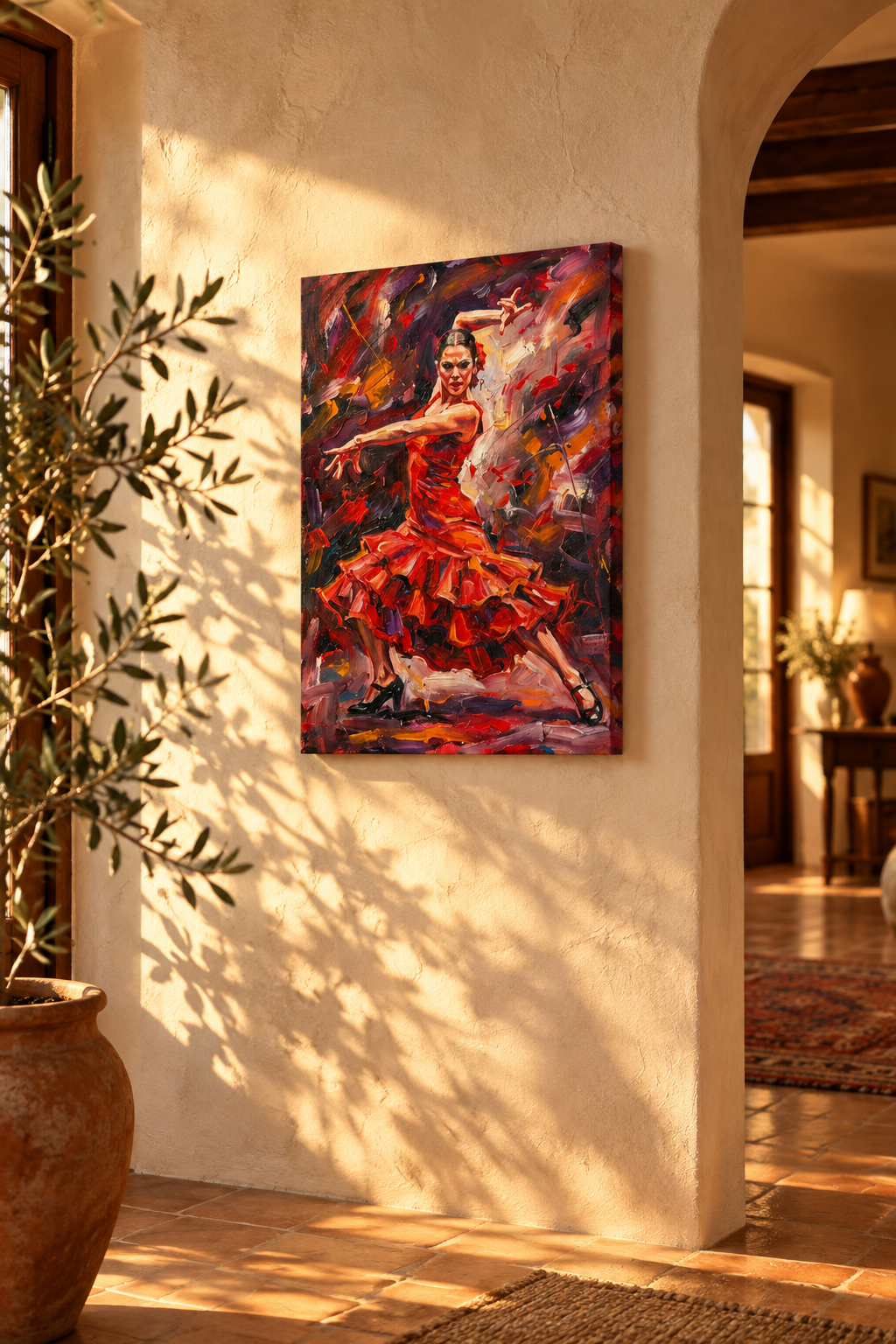 Flamenco dancer in a red ruffled dress canvas wall art on a cream plaster hallway wall in golden hour sunlight beside an olive tree in a terracotta pot - Portugal Canvas Co