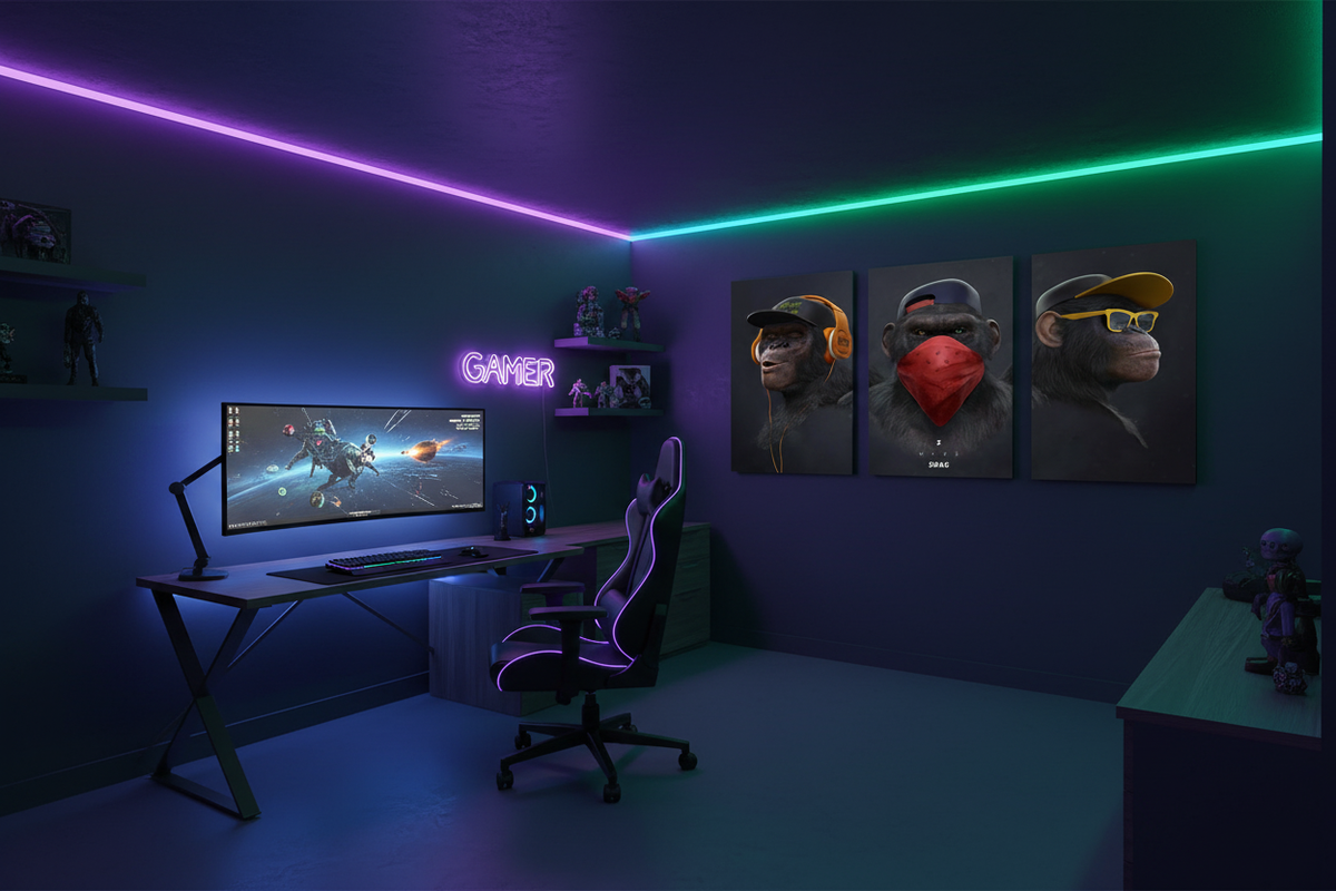 3 Wise Swag monkey triptych canvas wall art in a teen gaming bedroom with RGB LED lighting and dark urban decor - Portugal Canvas Co