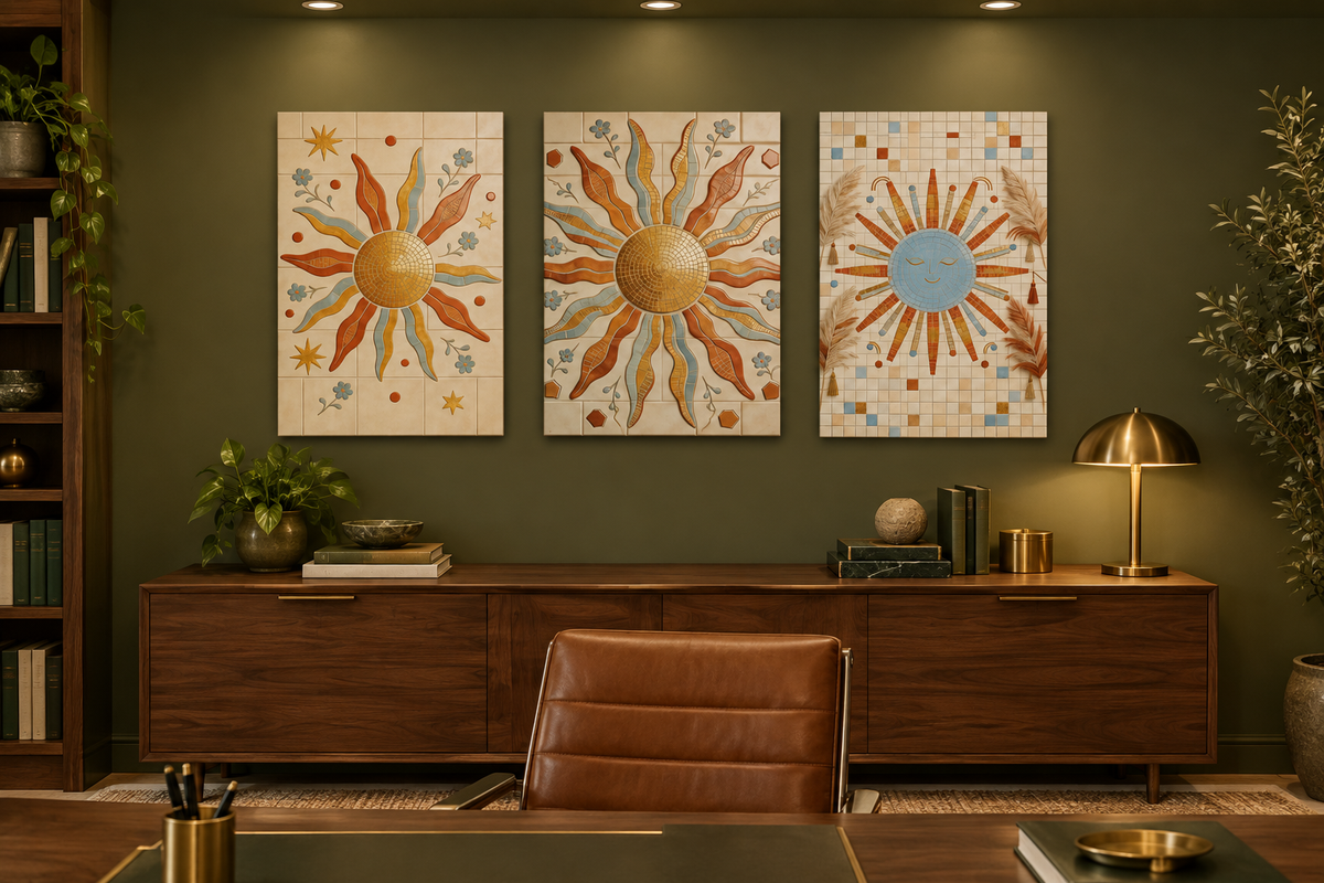 Boho sun mosaic triptych canvas set in an olive home office with walnut furniture - Portugal Canvas Co