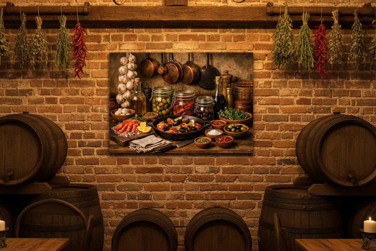 Mediterranean kitchen still life canvas wall art on feature wall of warm Portuguese tavern with exposed brick, hanging herbs and wine barrels - Portugal Canvas Co