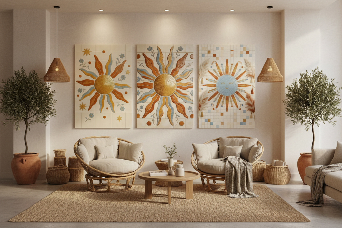Three-panel boho Mediterranean sun mosaic triptych canvas wall art with terracotta, gold and blue tones displayed in a boutique hotel lobby with rattan furniture and earthy neutral decor - Portugal Canvas Co