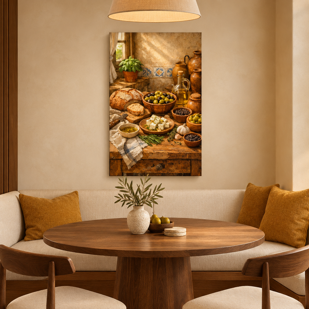 Mediterranean food still-life canvas in a cream breakfast nook with ochre cushions and a round walnut table - Portugal Canvas Co