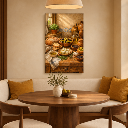 Mediterranean food still-life canvas in a cream breakfast nook with ochre cushions and a round walnut table - Portugal Canvas Co
