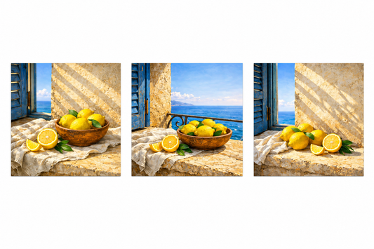 Mediterranean Lemon Window Trio three-panel canvas set on a pure white background - Portugal Canvas Co