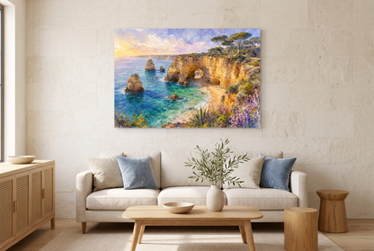 Algarve coastal arch canvas above an ivory sofa in a coastal living room - Portugal Canvas Co