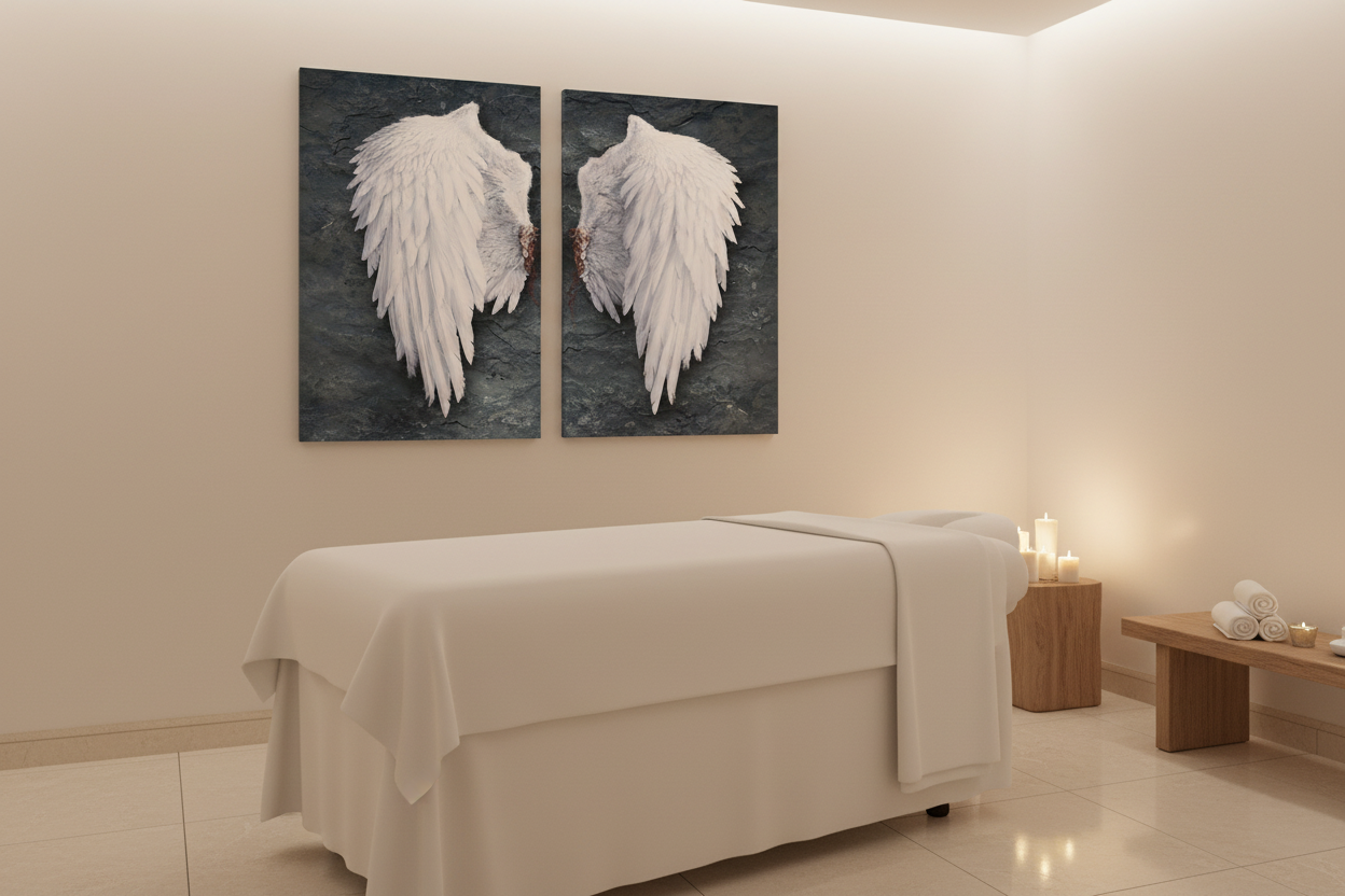 White angel wings diptych canvas wall art displayed on the wall of a serene luxury spa wellness room with soft white walls and warm ambient lighting - Portugal Canvas Co