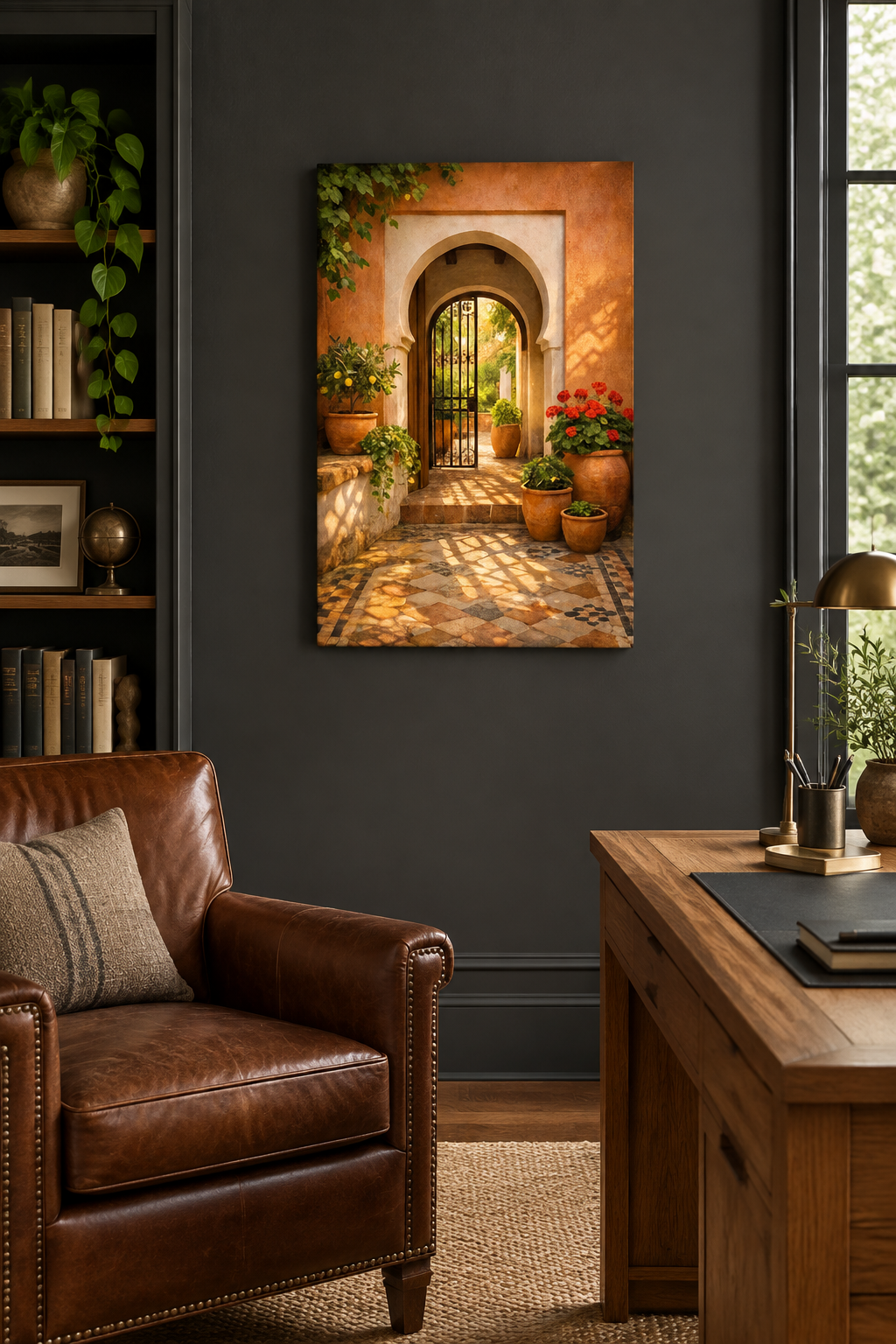 Moorish arched courtyard gate canvas print in a charcoal grey home study - Portugal Canvas Co