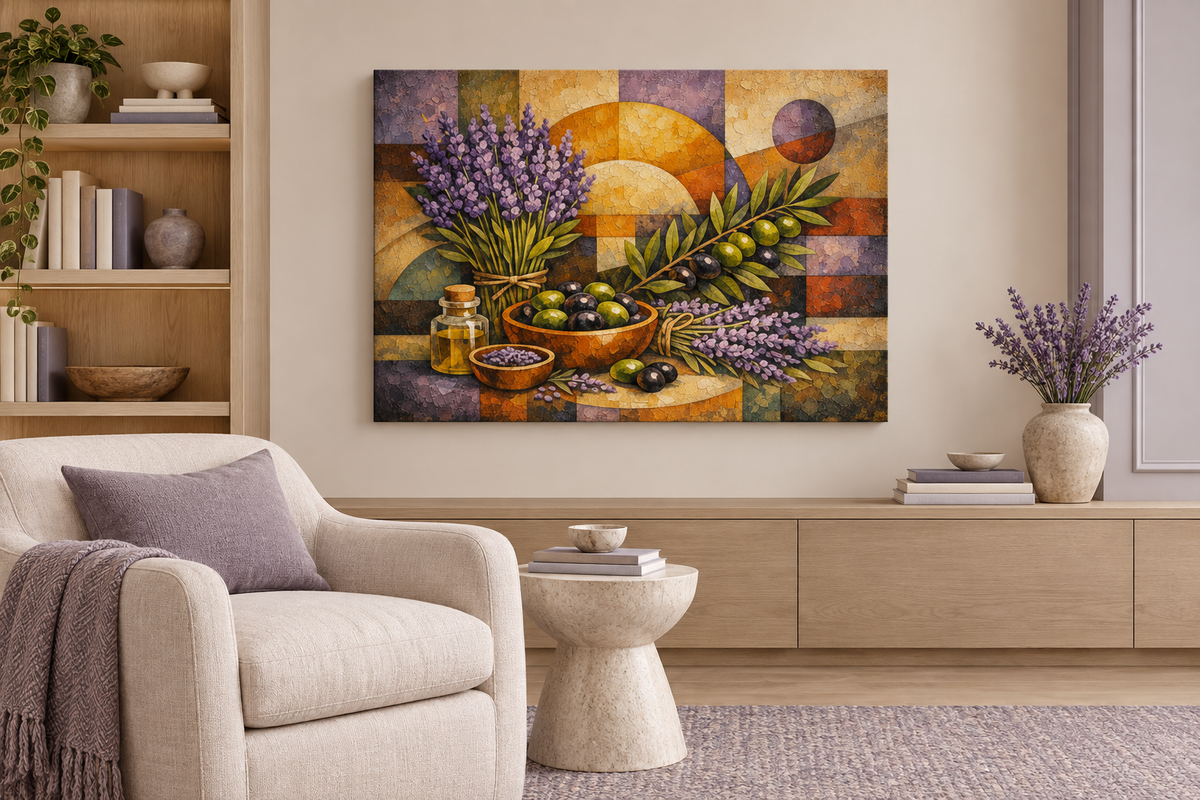 Lavender and olives mosaic still life gallery-wrapped canvas in ivory reading nook - Portugal Canvas Co