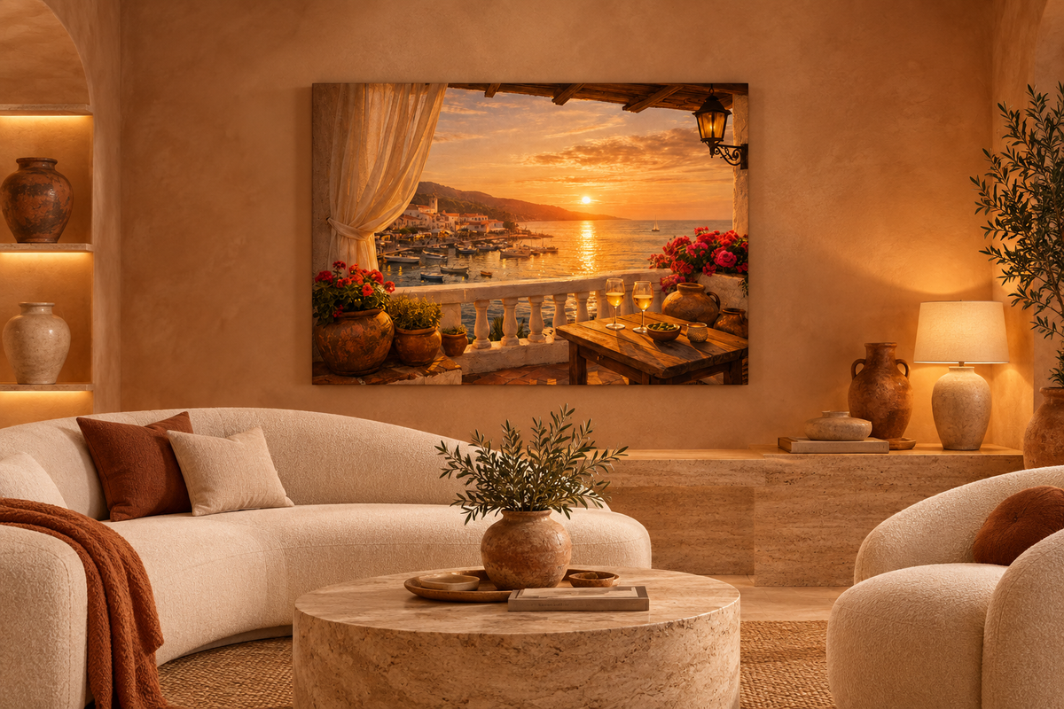 Mediterranean harbour sunset balcony canvas in a terracotta and sand lounge with travertine furniture - Portugal Canvas Co