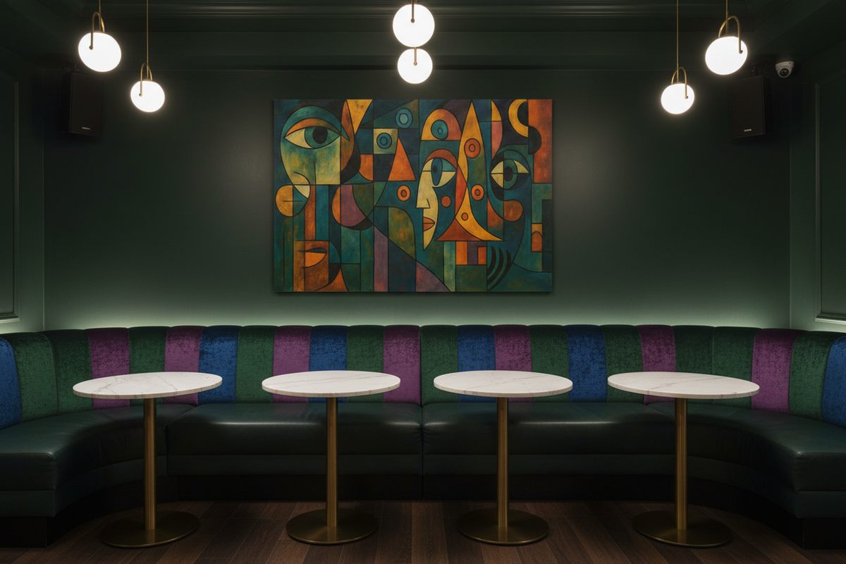 Colorful Cubist Faces canvas above jewel-toned banquette seating in an upscale cocktail bar - Portugal Canvas Co
