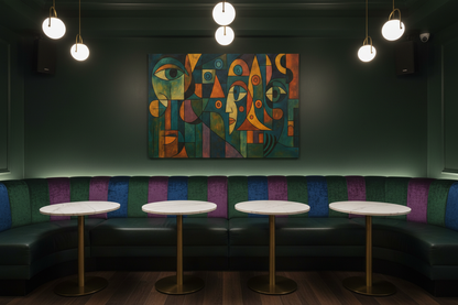 Colorful Cubist Faces canvas above jewel-toned banquette seating in an upscale cocktail bar - Portugal Canvas Co