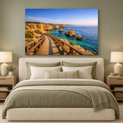 Carvoeiro Boardwalk coastal canvas above an ivory bed in a sage green bedroom with bedside lamps - Portugal Canvas Co