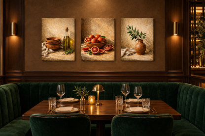 Mediterranean still life three-panel canvas set in an emerald green and walnut restaurant - Portugal Canvas Co