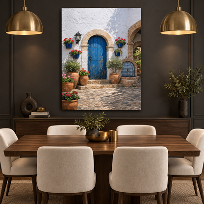 Mediterranean blue door courtyard portrait canvas in a charcoal dining room - Portugal Canvas Co