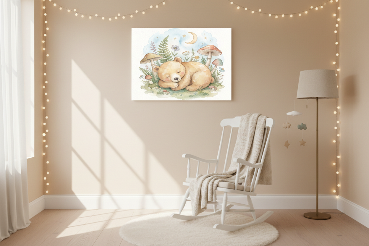Sleeping baby bear nursery canvas wall art above a rocking chair in a cozy nursery reading nook - Portugal Canvas Co