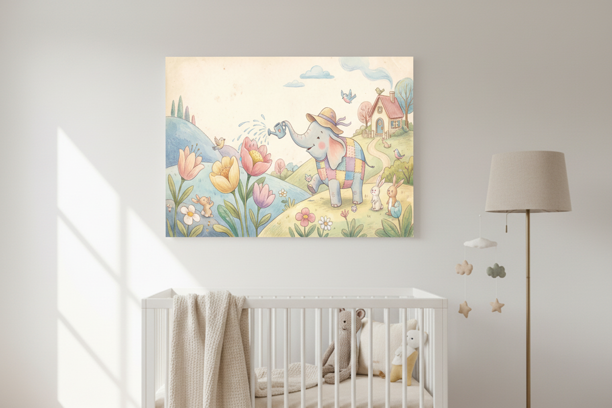 Whimsical elephant nursery canvas wall art displayed above a white wooden crib in a soft pastel baby room - Portugal Canvas Co