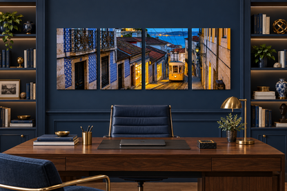 Lisbon yellow tram four-panel gallery-wrapped canvas in a navy home office - Portugal Canvas Co