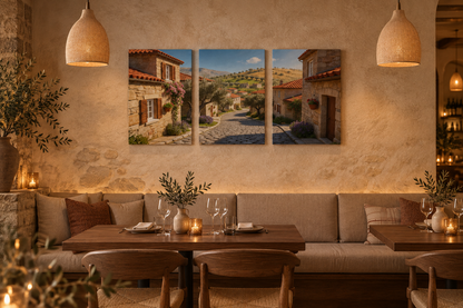 Sunlit stone village three-panel gallery-wrapped canvas above banquette in a refined restaurant lounge - Portugal Canvas Co