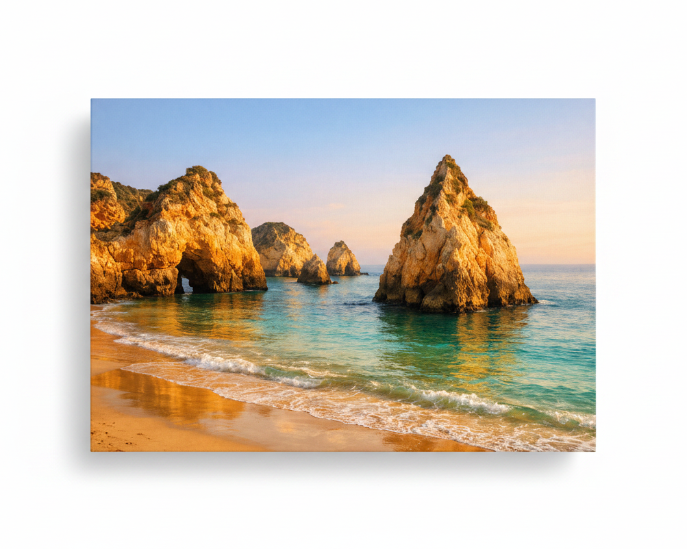 Praia dos Três Irmãos Algarve beach with three golden limestone sea stacks and natural stone arch in turquoise water at golden sunset canvas wall art on white background - Portugal Canvas Co