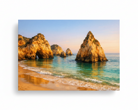 Praia dos Três Irmãos Algarve beach with three golden limestone sea stacks and natural stone arch in turquoise water at golden sunset canvas wall art on white background - Portugal Canvas Co