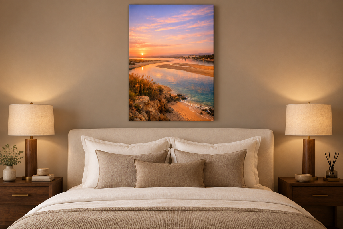 Alvor Estuary at golden hour portrait canvas displayed in a taupe bedroom - Portugal Canvas Co