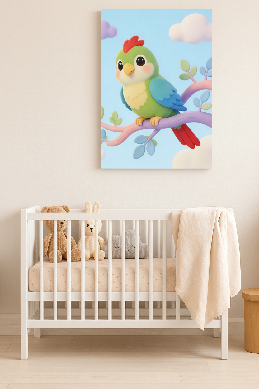 Cute parrot nursery canvas wall art displayed above a white crib in a Scandinavian nursery - Portugal Canvas Co