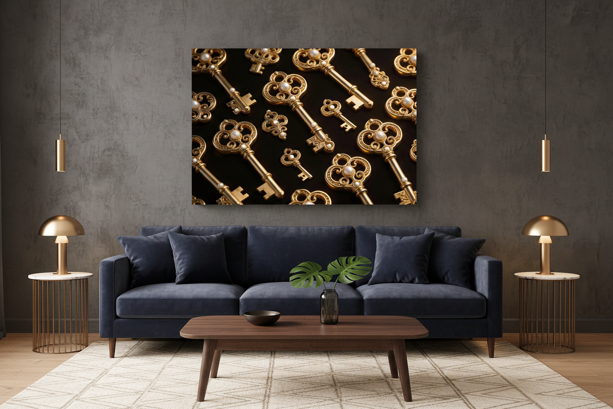 Divine Gold Keys canvas wall art displayed on the wall of a sophisticated dark luxury living room with charcoal walls and gold accent lighting - Portugal Canvas Co