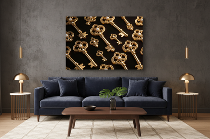 Divine Gold Keys canvas wall art displayed on the wall of a sophisticated dark luxury living room with charcoal walls and gold accent lighting - Portugal Canvas Co