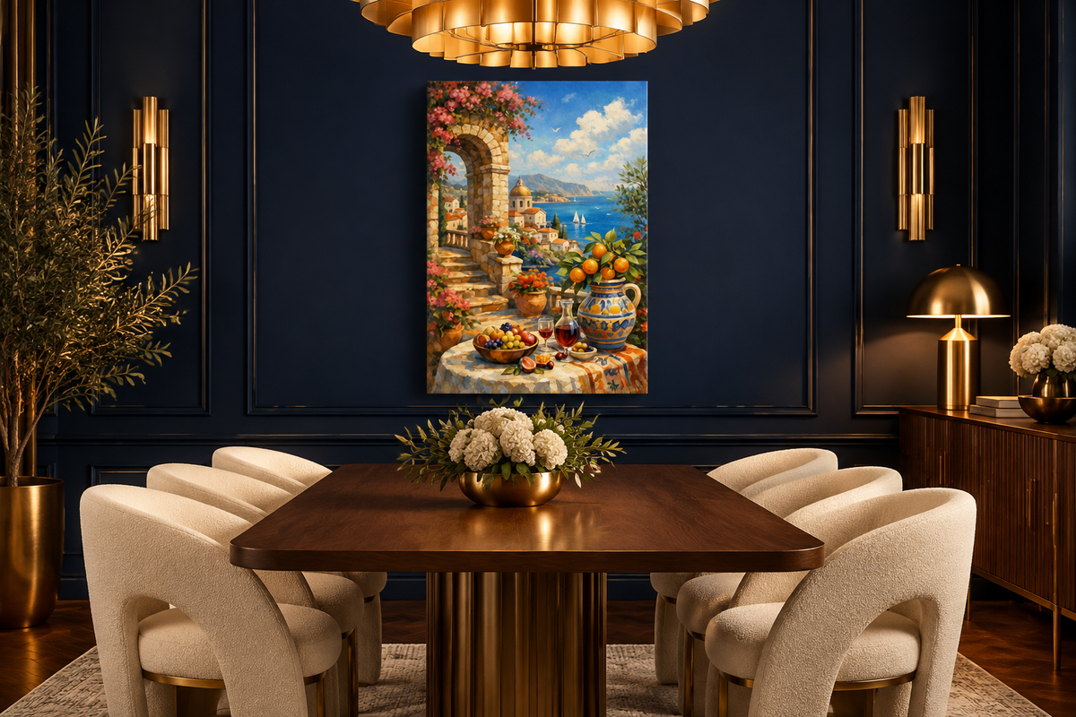 Mediterranean terrace dining scene canvas in a navy Art Deco dining room with artificial lighting - Portugal Canvas Co