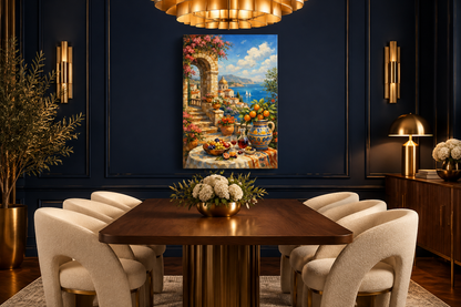 Mediterranean terrace dining scene canvas in a navy Art Deco dining room with artificial lighting - Portugal Canvas Co