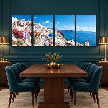 Santorini in Bloom four-panel canvas set in a dark teal dining room - Portugal Canvas Co
