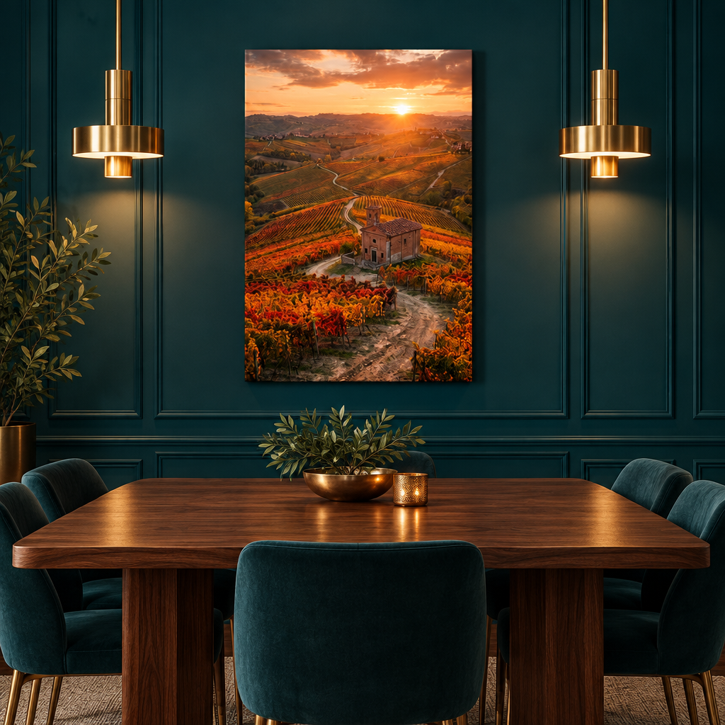 Portrait vineyard sunset canvas in a teal dining room with brass lighting - Portugal Canvas Co