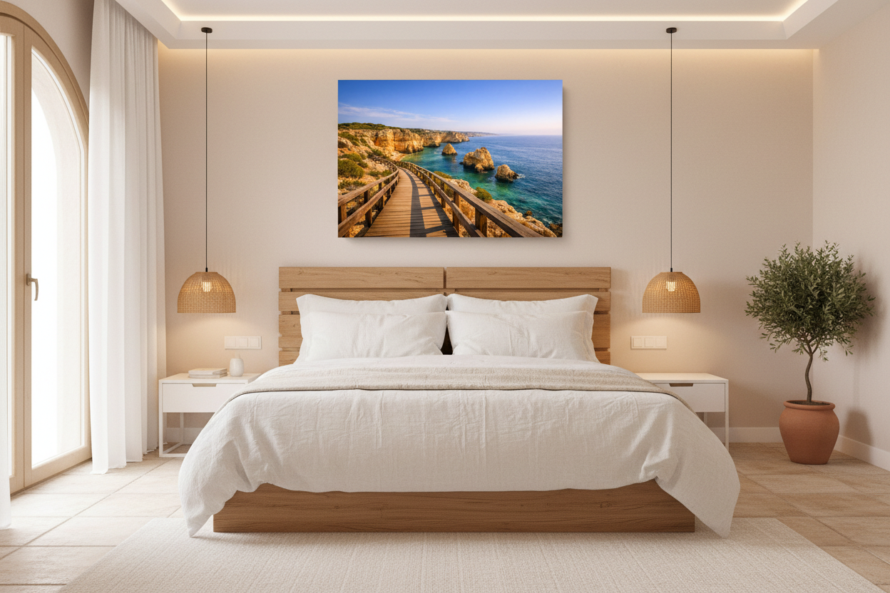 Carvoeiro boardwalk Algarve coastal cliff canvas wall art displayed above a bed in a warm Mediterranean-style bedroom - Portugal Canvas Co