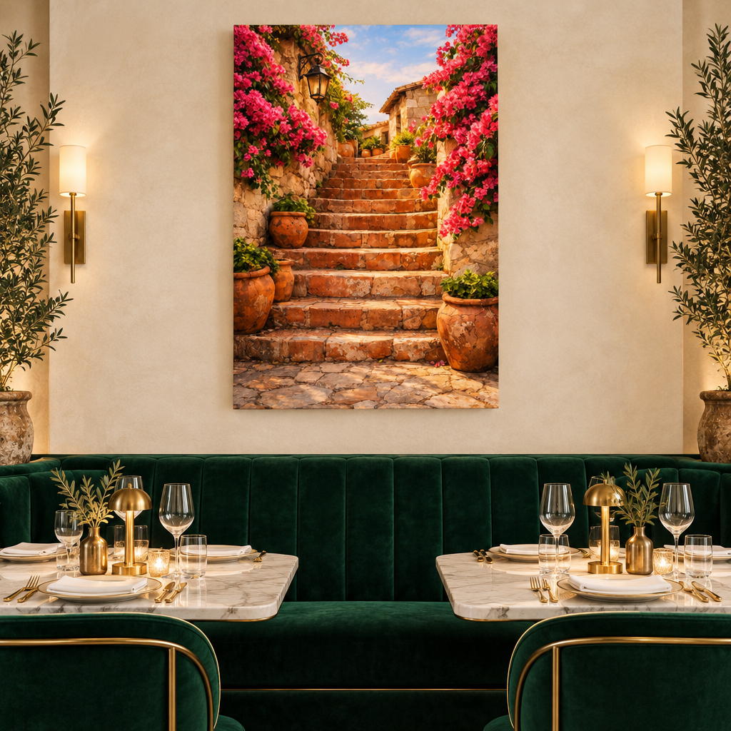 Pink bougainvillea and golden stone staircase canvas in an emerald and ivory fine-dining restaurant - Portugal Canvas Co