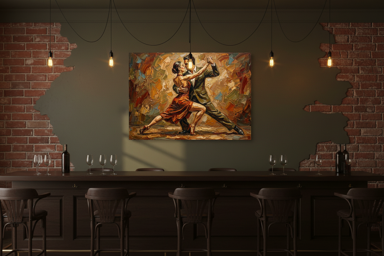 Tango in gold intimate couples dance canvas wall art on an olive green wall in a moody bistro with Edison bulb lighting - Portugal Canvas Co