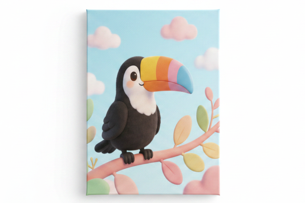 Cute toucan nursery canvas wall art flat lay on white background, overhead view, landscape format - Portugal Canvas Co