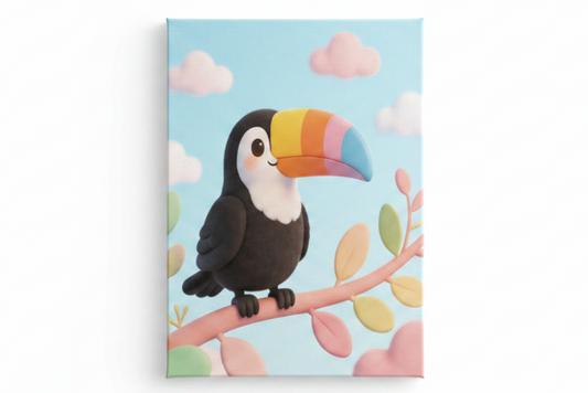 Cute toucan nursery canvas wall art flat lay on white background, overhead view, landscape format - Portugal Canvas Co
