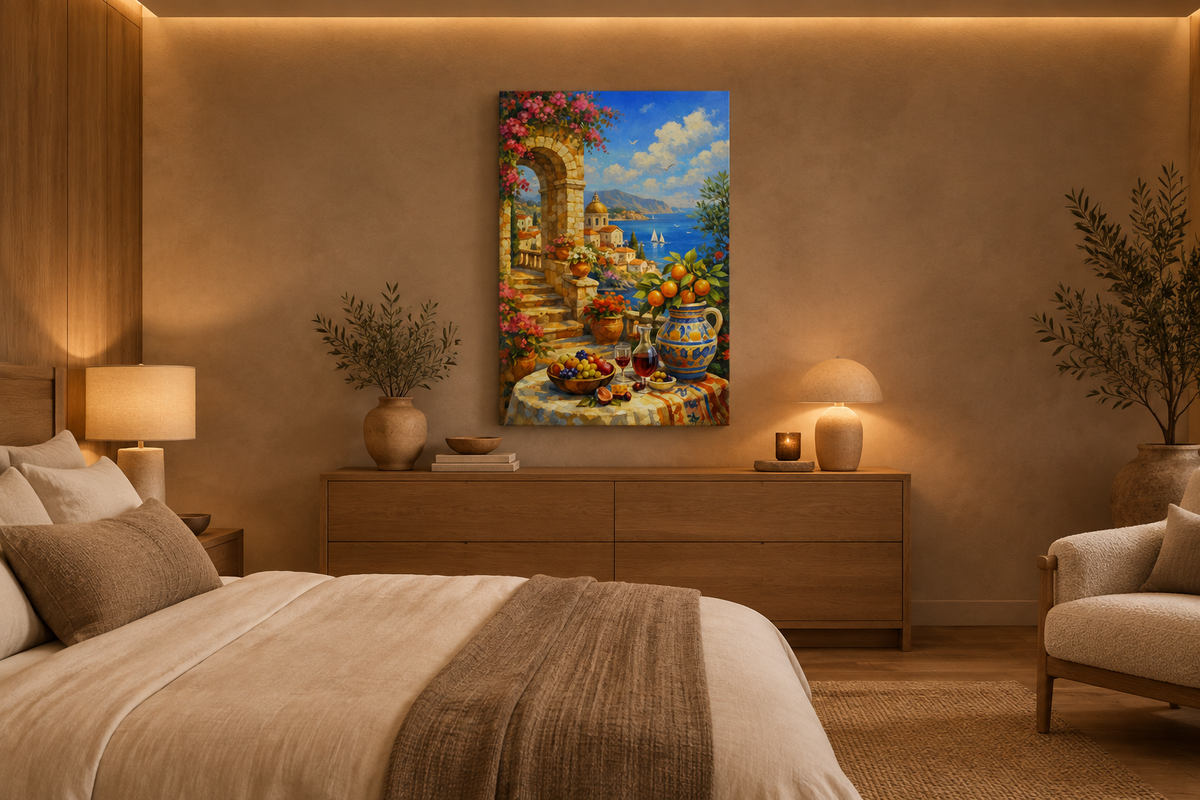 Mediterranean terrace dining scene canvas in a softly lamp-lit Japandi bedroom - Portugal Canvas Co