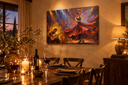 Flamenco dancer and guitarist canvas wall art above a dark wood dining table set with candles in a warm plaster dining room at dusk - Portugal Canvas Co