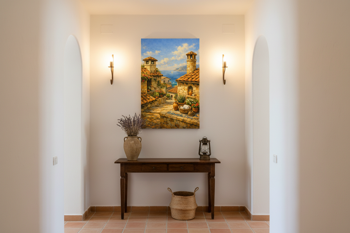 Mediterranean village sea view canvas wall art in Mediterranean villa hallway with wall sconce lighting and terracotta floor tiles - Portugal Canvas Co