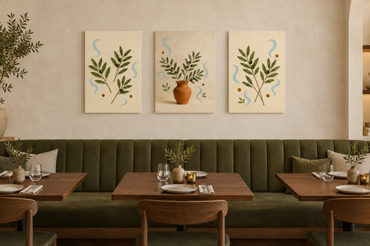 Three-piece olive branch canvas set above an olive-green banquette in a restaurant - Portugal Canvas Co