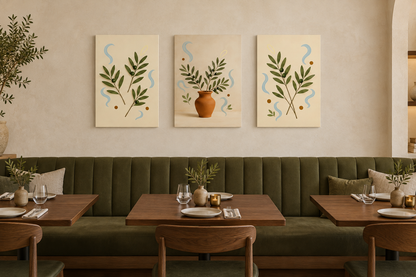 Three-piece olive branch canvas set above an olive-green banquette in a restaurant - Portugal Canvas Co