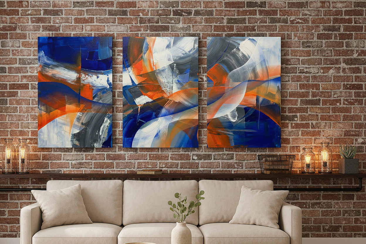 Blue orange abstract brushstroke triptych canvas wall art displayed on exposed brick wall in trendy urban loft apartment with industrial chic decor - Portugal Canvas Co