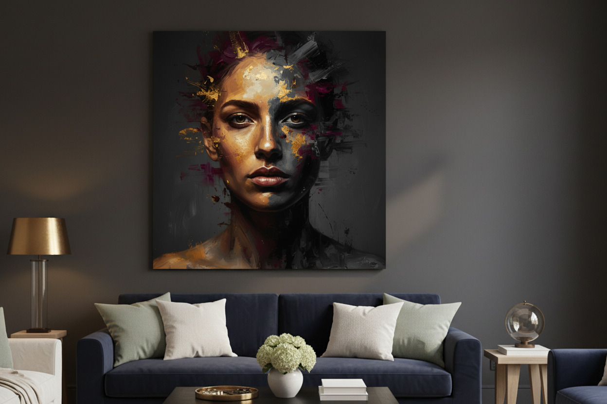 Golden expressionist dark portrait woman canvas wall art on a charcoal grey wall in a dark moody living room with velvet sofa and brass accents - Portugal Canvas Co